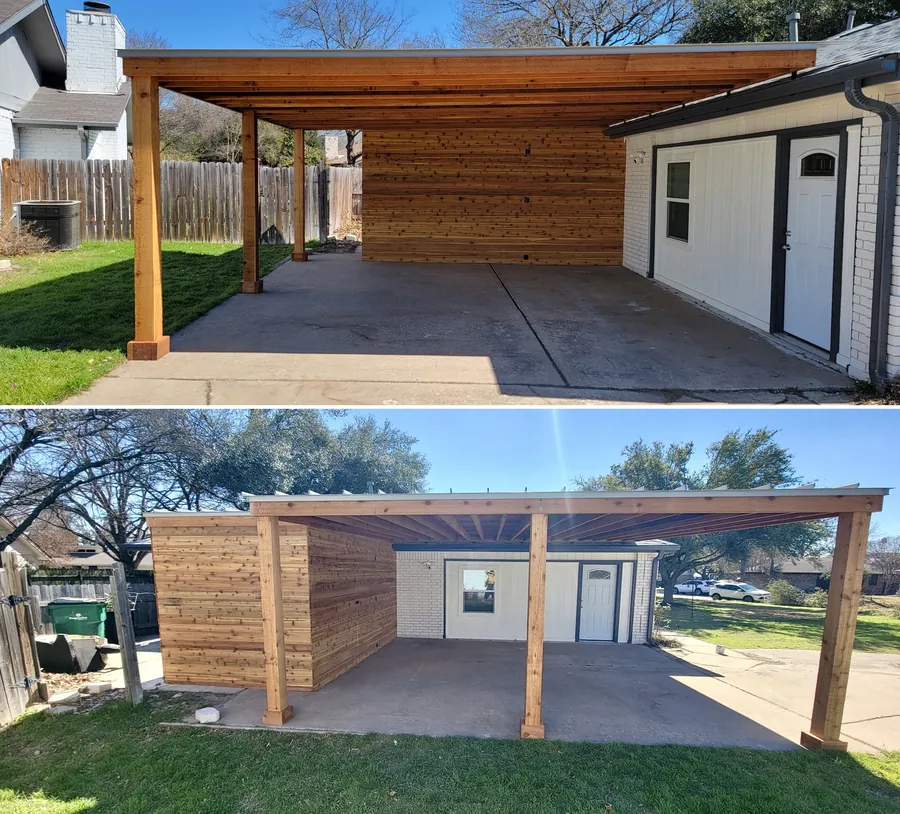 Attached carport with cedar storage enclosure