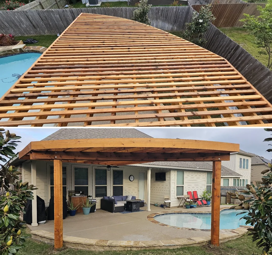 Aerial view of a curved radius-shape cedar pergola attached to the home