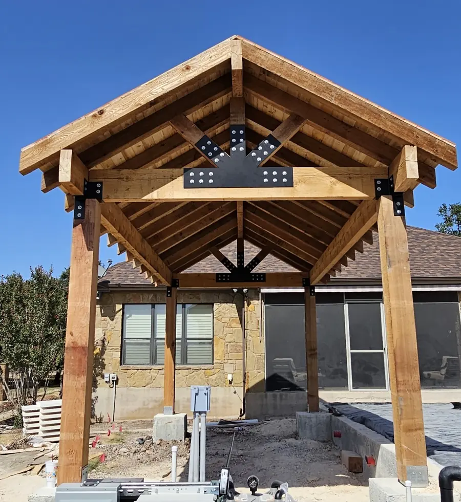 Custom cedar gable pavilion with steel connector plates