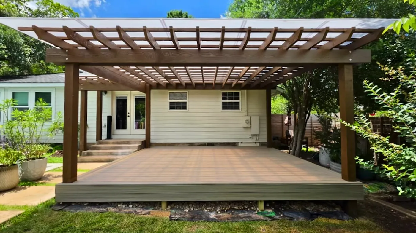 Custom cedar pergola built over a deck in Colorado