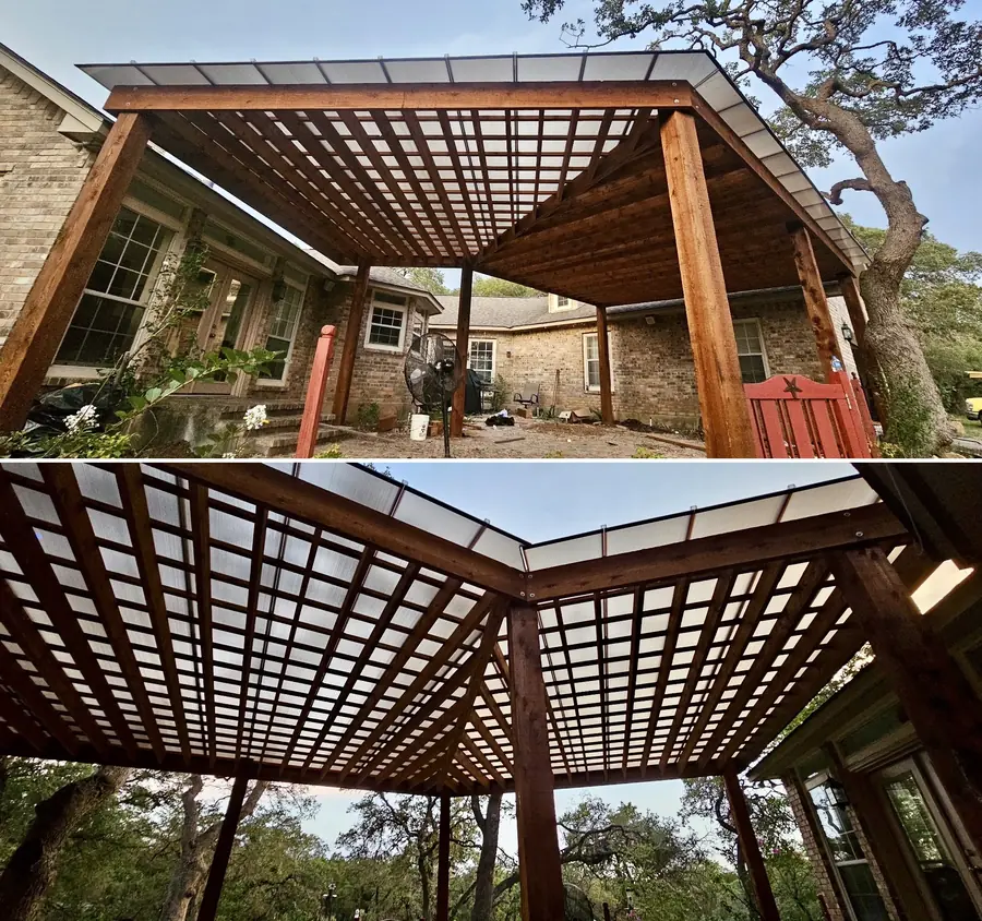 Custom-shape modern freestanding cedar pergola with a polycarbonate roof